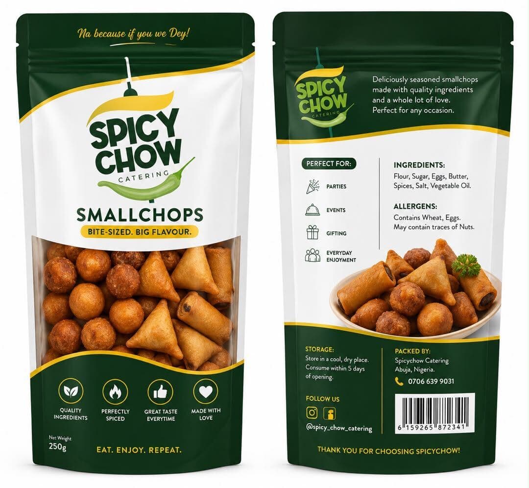 Front and back of the metalized stand-up pouch Nexus designed and produced for Spicy Chow Catering's Smallchops